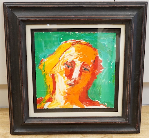 John Barnicoat (1924-2013), Woman's head, label verso reading ‘signed and dated 1993’, oil on panel, 29 x 29cm
